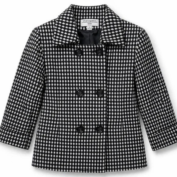 Sharagano Black White Tweed Blazer Double Breasted Wool Blend Jacket Size 10 - Picture 2 of 9